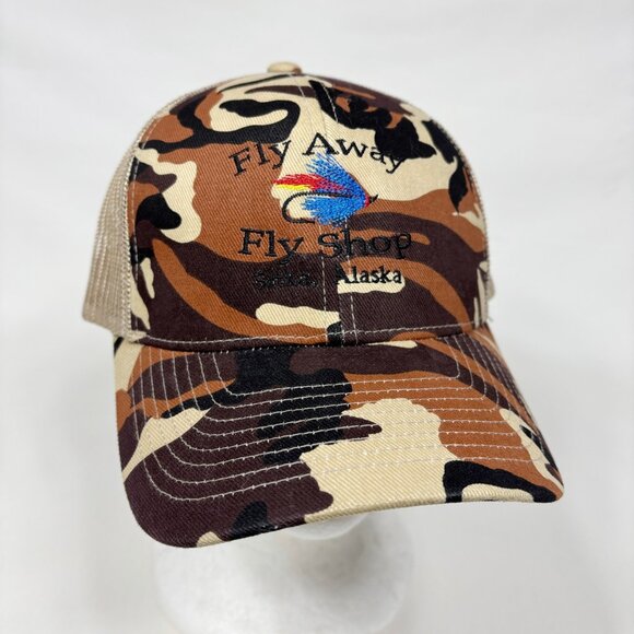 Simms Fishing Camo Snapback Trucker Cap Hat Fly Away Fly Shop Sitka Alaska NEW - Picture 1 of 8